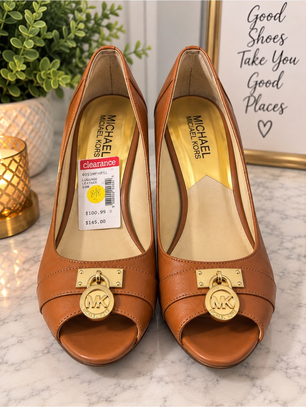 Michael Kors Tan Leather Peep-Toe Heels with Gold MK Medallion